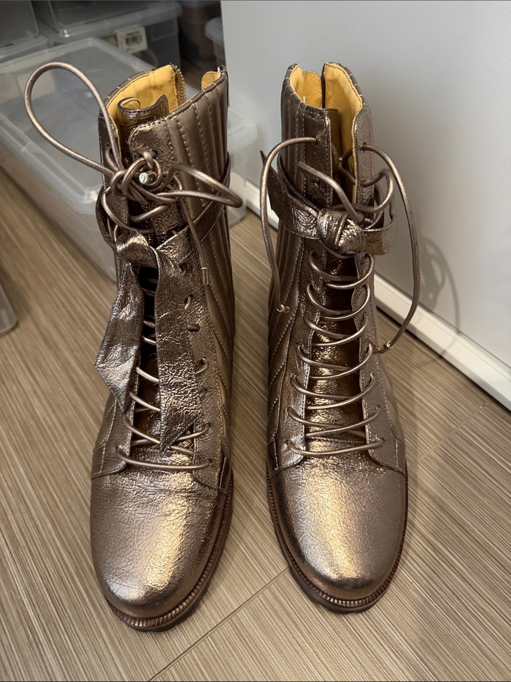 Metallic Bronze Lace-Up Ankle Boots for Women